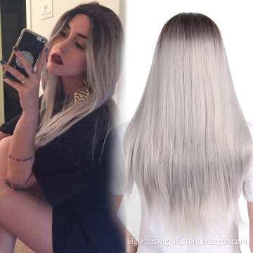 Vigorous Middle Part Straight Synthetic Wig Ombre Dark Root To Silver White Wig Heat Resistant Fiber Long Cosplay Wig For Women